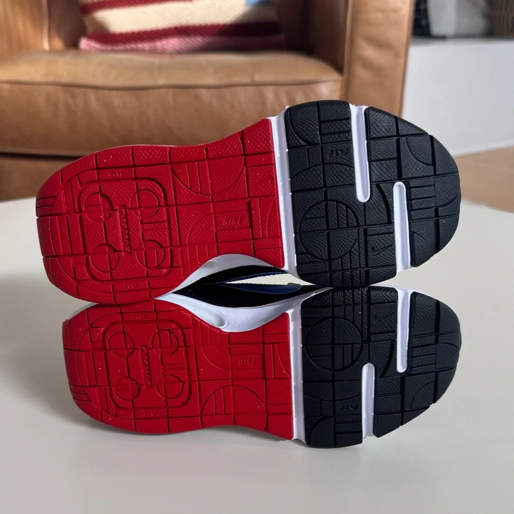 Nike Kids Black Blue Gray Sneakers with Red Air Detail